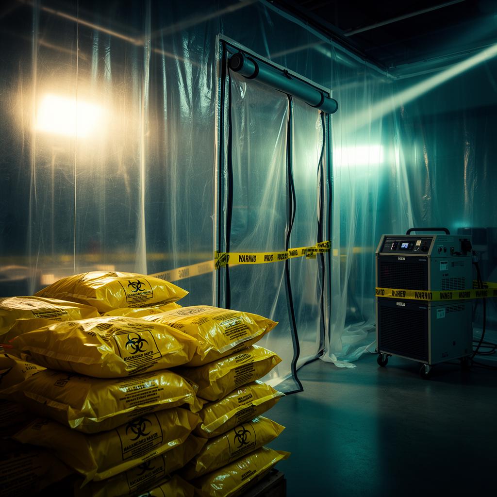 Sealed yellow biohazard waste bags inside a negative-air containment zone with HEPA scrubber