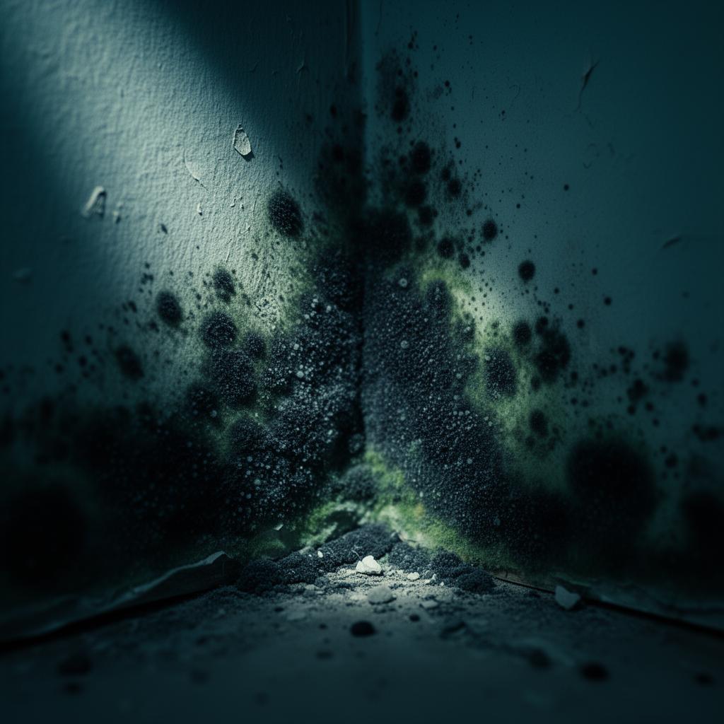 Close-up of black mold spores spreading across a damp wall corner