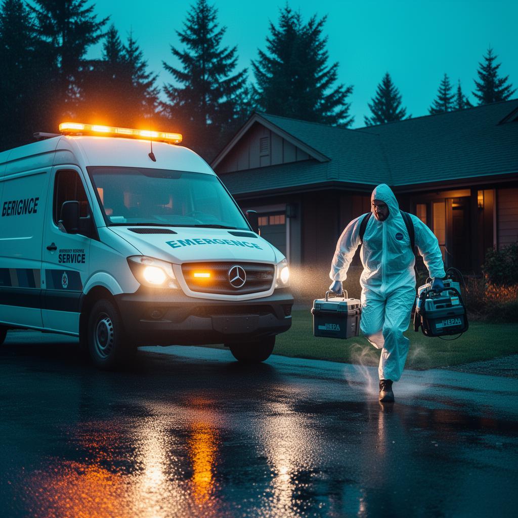 Emergency response van with flashing lights and technician in Tyvek suit rushing to a home at dusk
