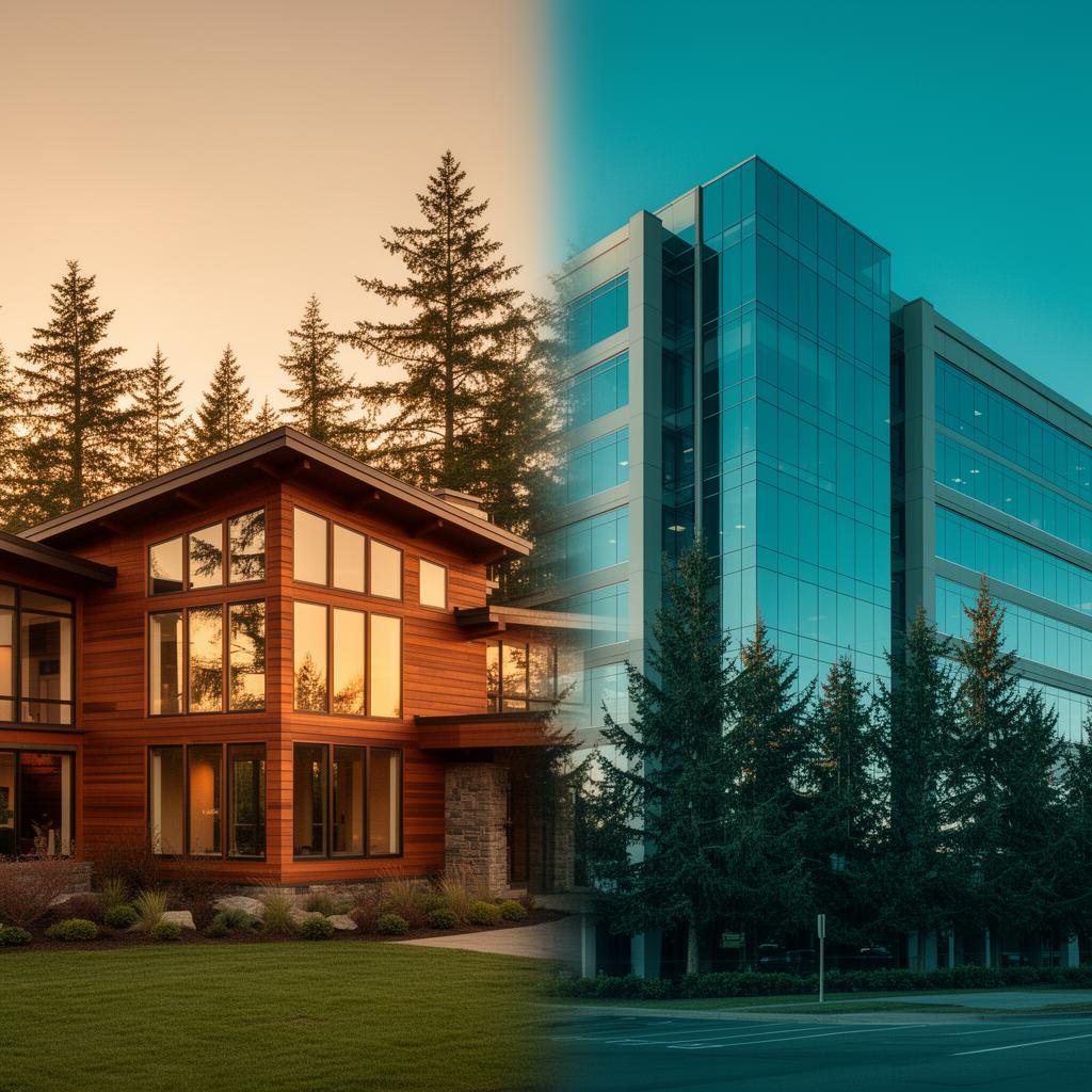 Pacific Northwest residential home alongside a modern commercial office building