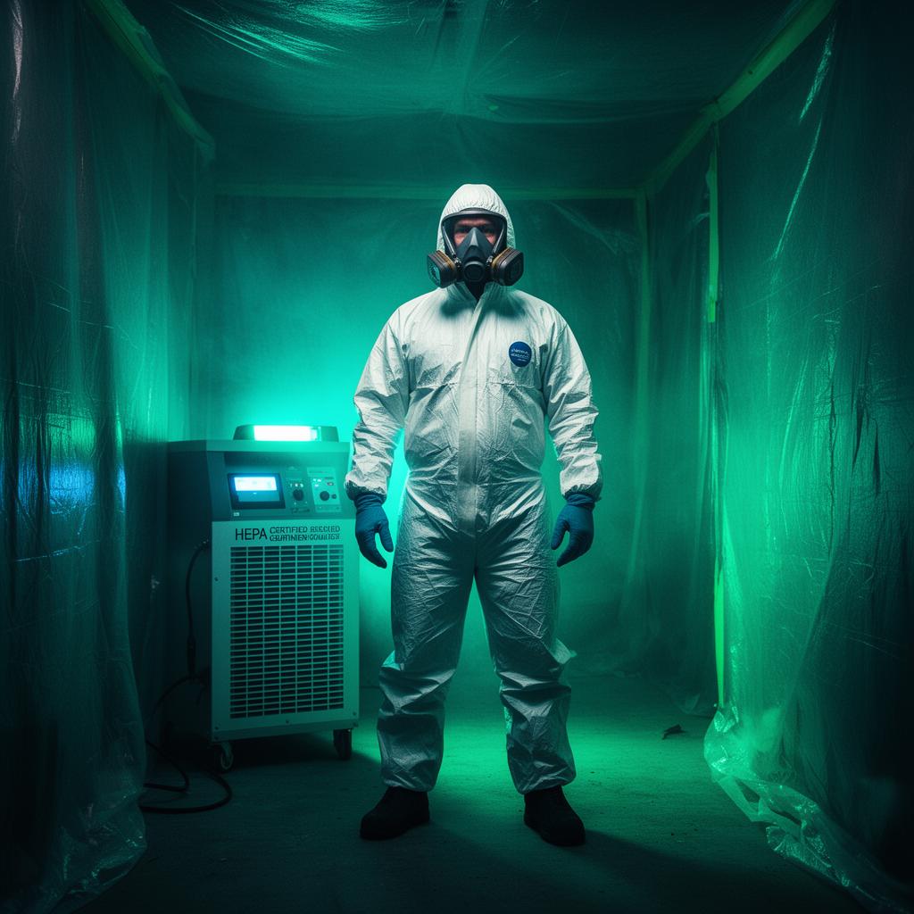 Certified remediation specialist in Tyvek suit and respirator inside a sealed containment zone with HEPA scrubber