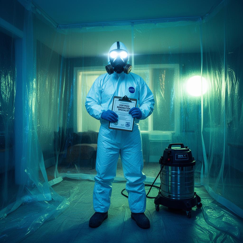 Certified remediation specialist in full Tyvek suit and respirator inside a contained jobsite