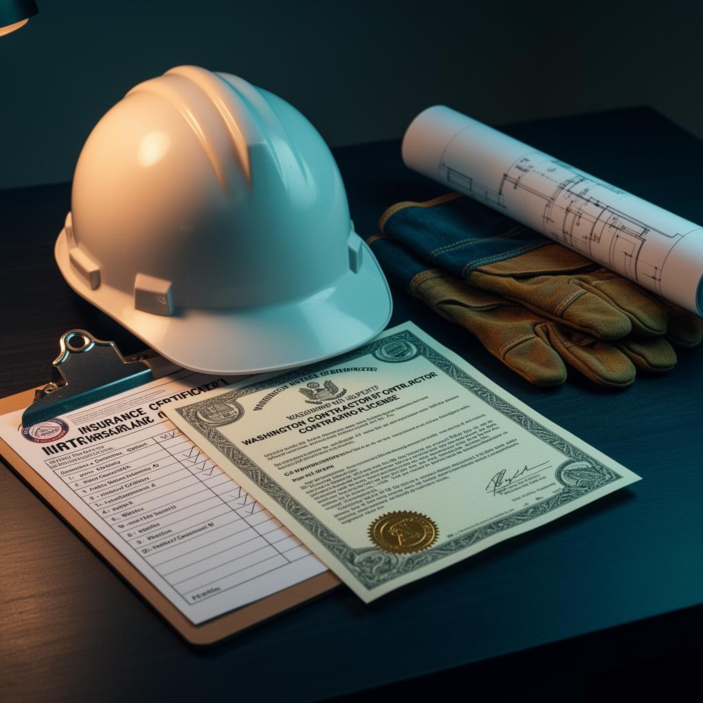 White hard hat resting on a Washington State contractor license and insurance certificate