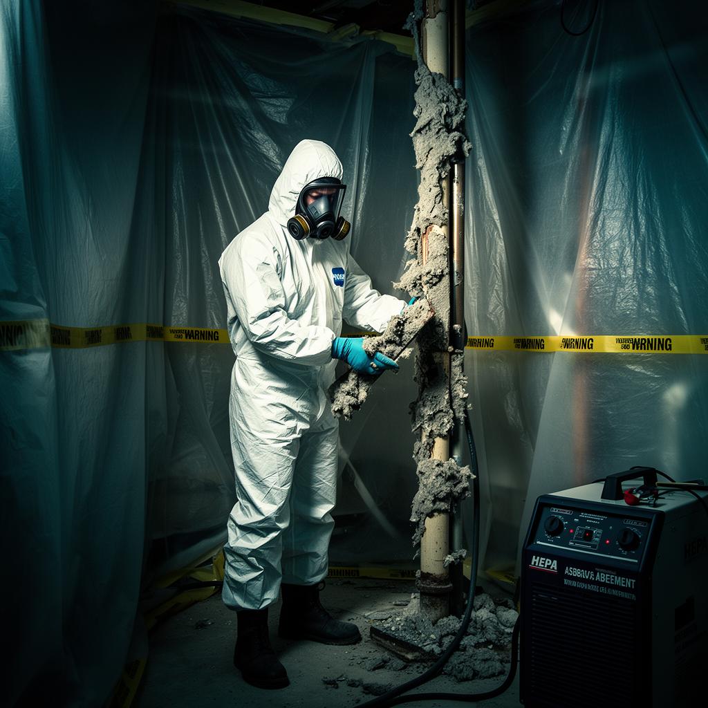 Licensed asbestos abatement specialist in Tyvek suit and respirator working inside a sealed containment zone