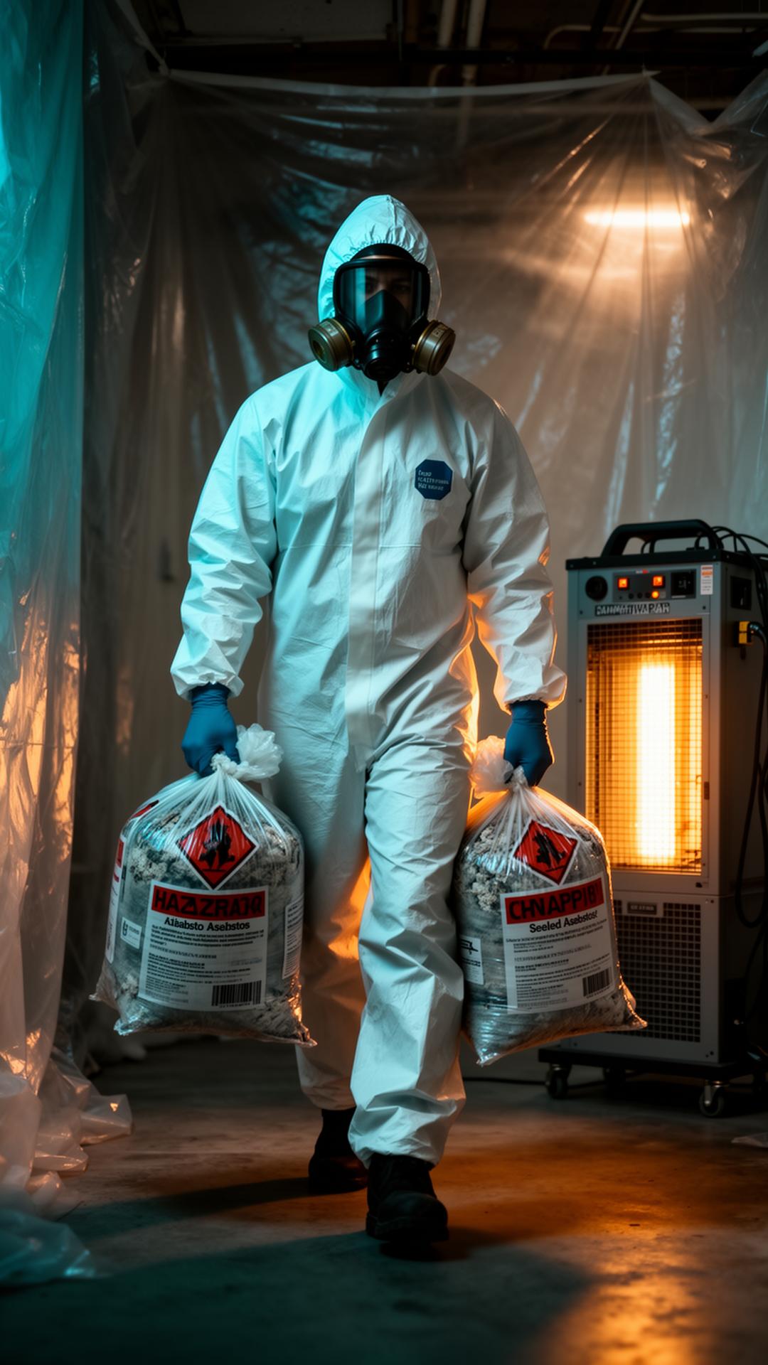 Prime Environmental Solutions technician in full Tyvek suit and respirator carrying sealed, labeled hazardous waste bags out of a poly containment zone next to a HEPA negative-air scrubber