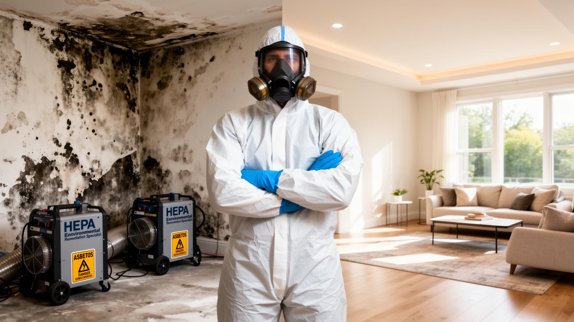 Certified Prime Environmental Solutions specialist in protective gear restoring a home from mold and asbestos damage